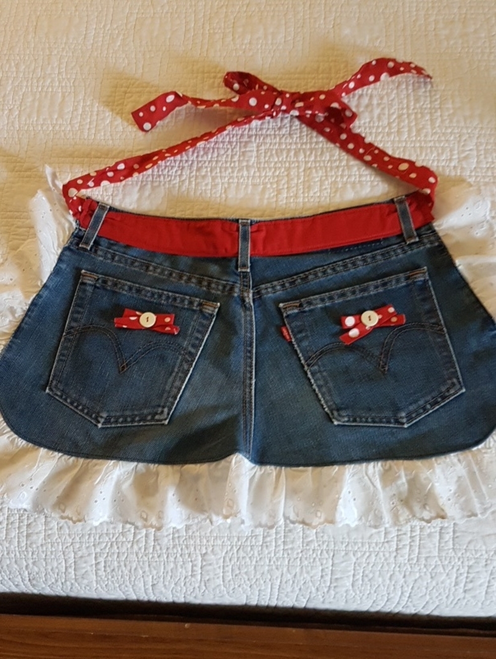 Womens  Levi's Denim Apron with Red Polka Dot Trim and White Eyelet Ruffle